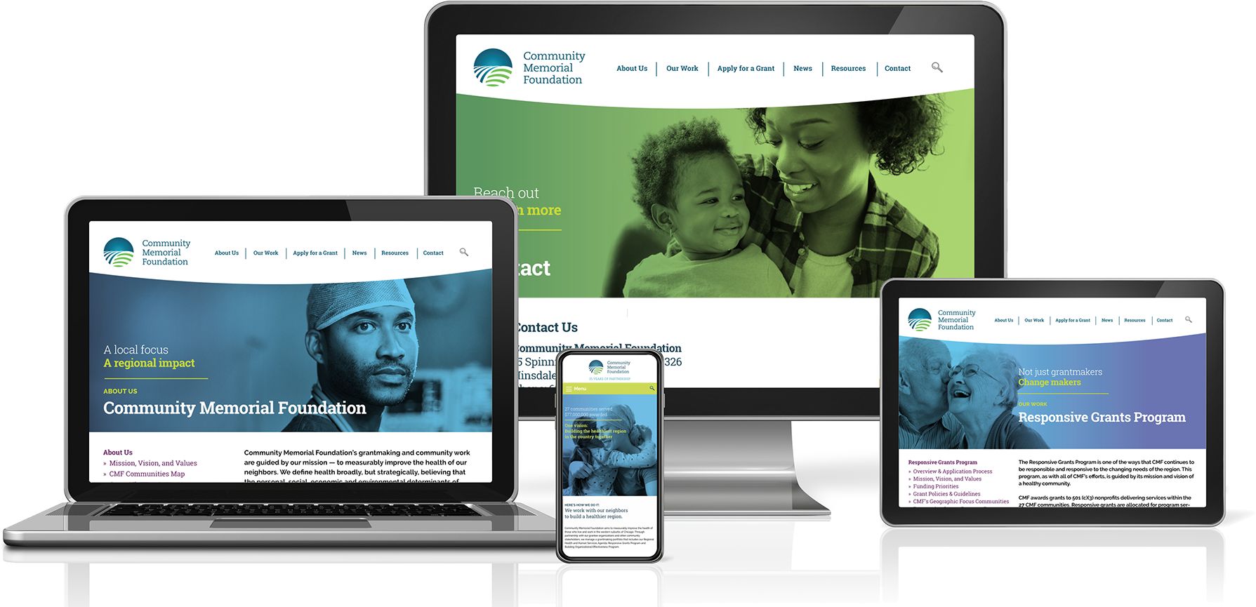 Community Memorial Foundation website displayed on 3 devices