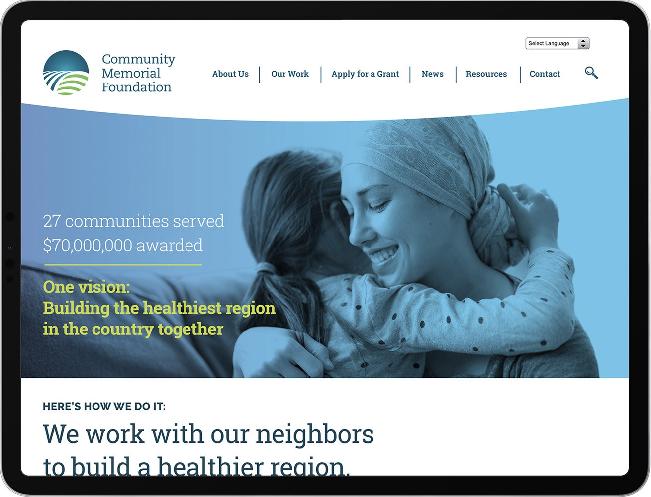 Community Memorial Foundation website displayed on iPad